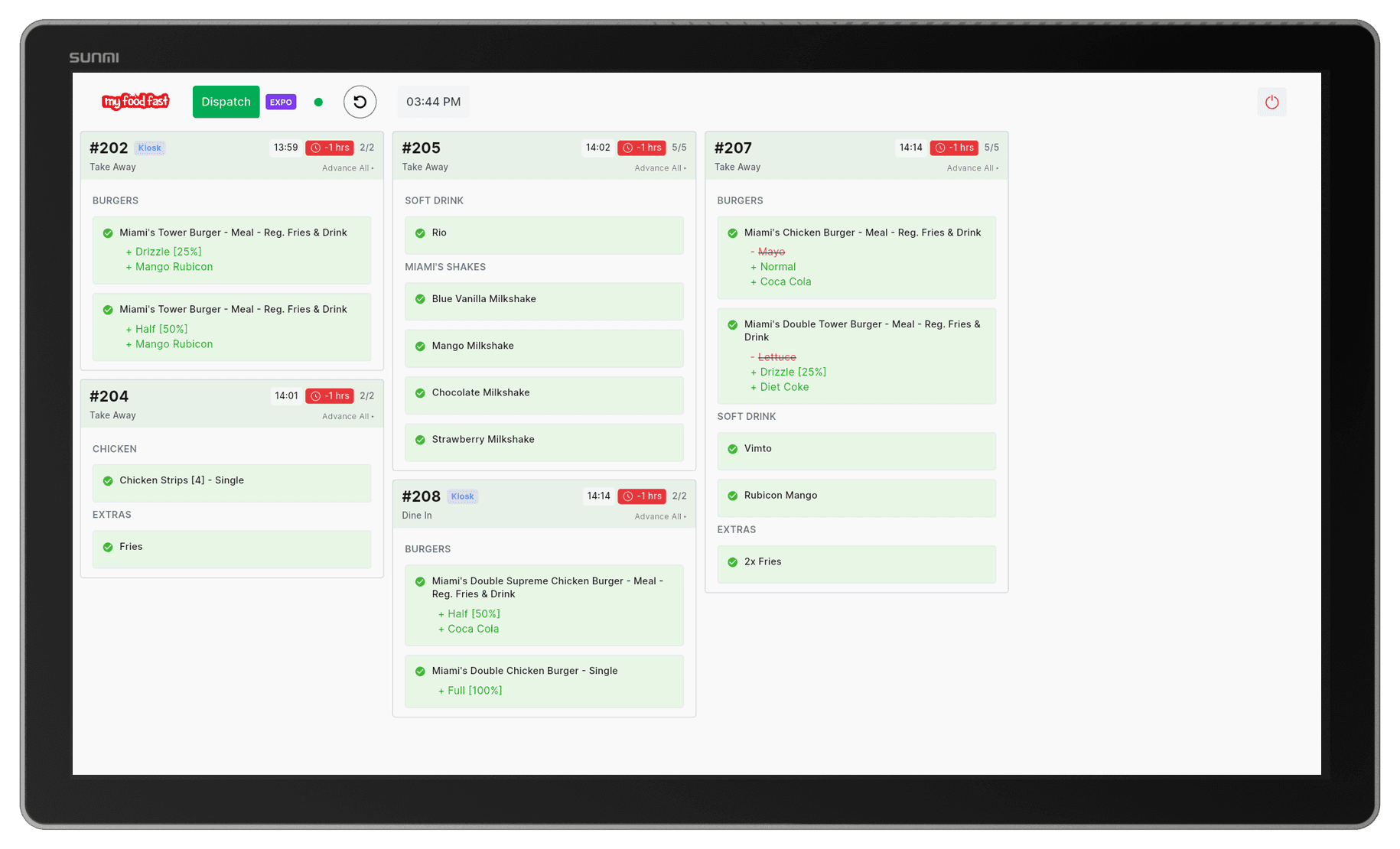 KDS dispatch view with completed items checked off