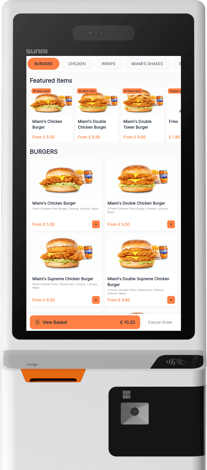 Sunmi K2 self-service kiosk showing menu