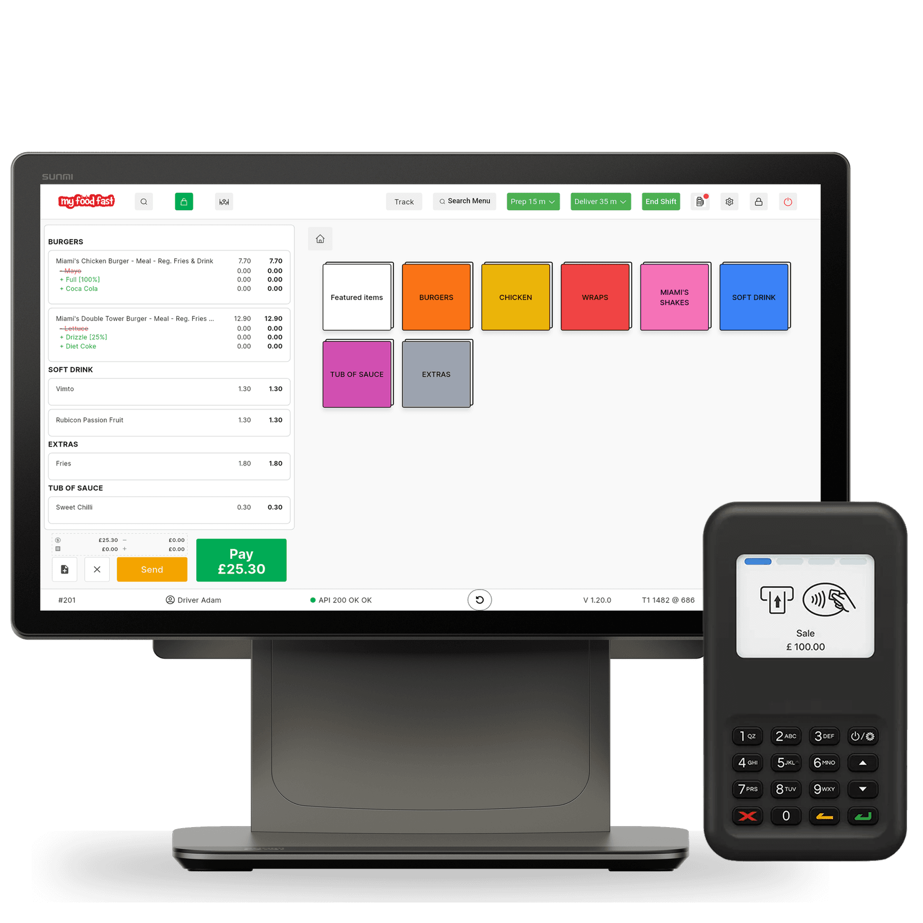 Sunmi D3 PRO dual display running MFF POS, with Stripe WisePad 3 card terminal