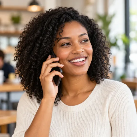 A smiling woman with curly hair on the phone in a café
