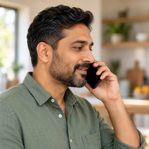 A man in a green shirt on the phone in his kitchen