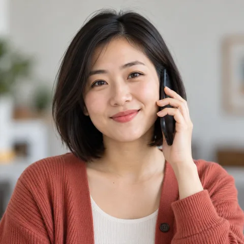 A woman in a red cardigan on the phone