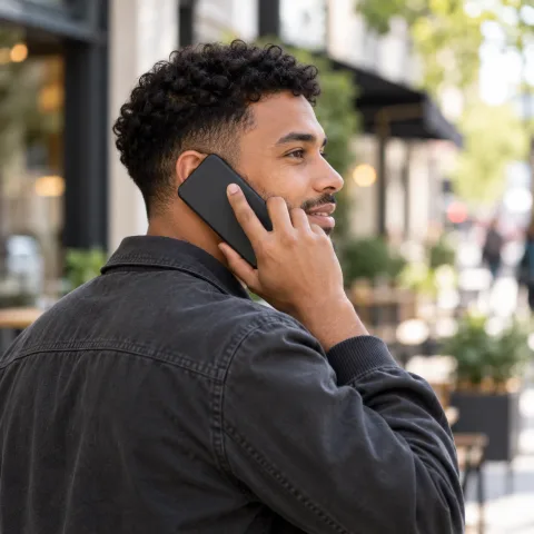 A man on the phone in the street outside a row of shops