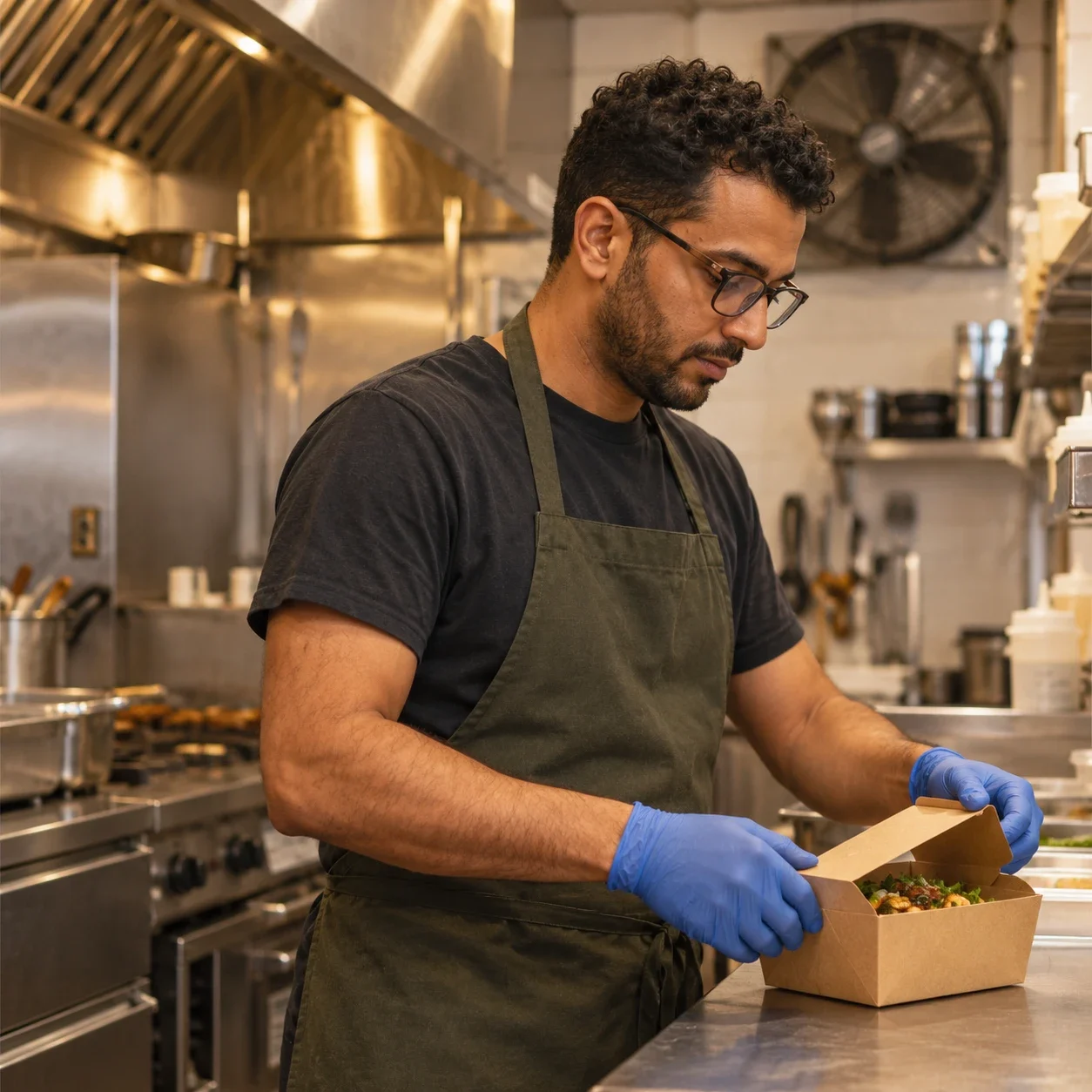 A takeaway order being packed in the kitchen ready to go out