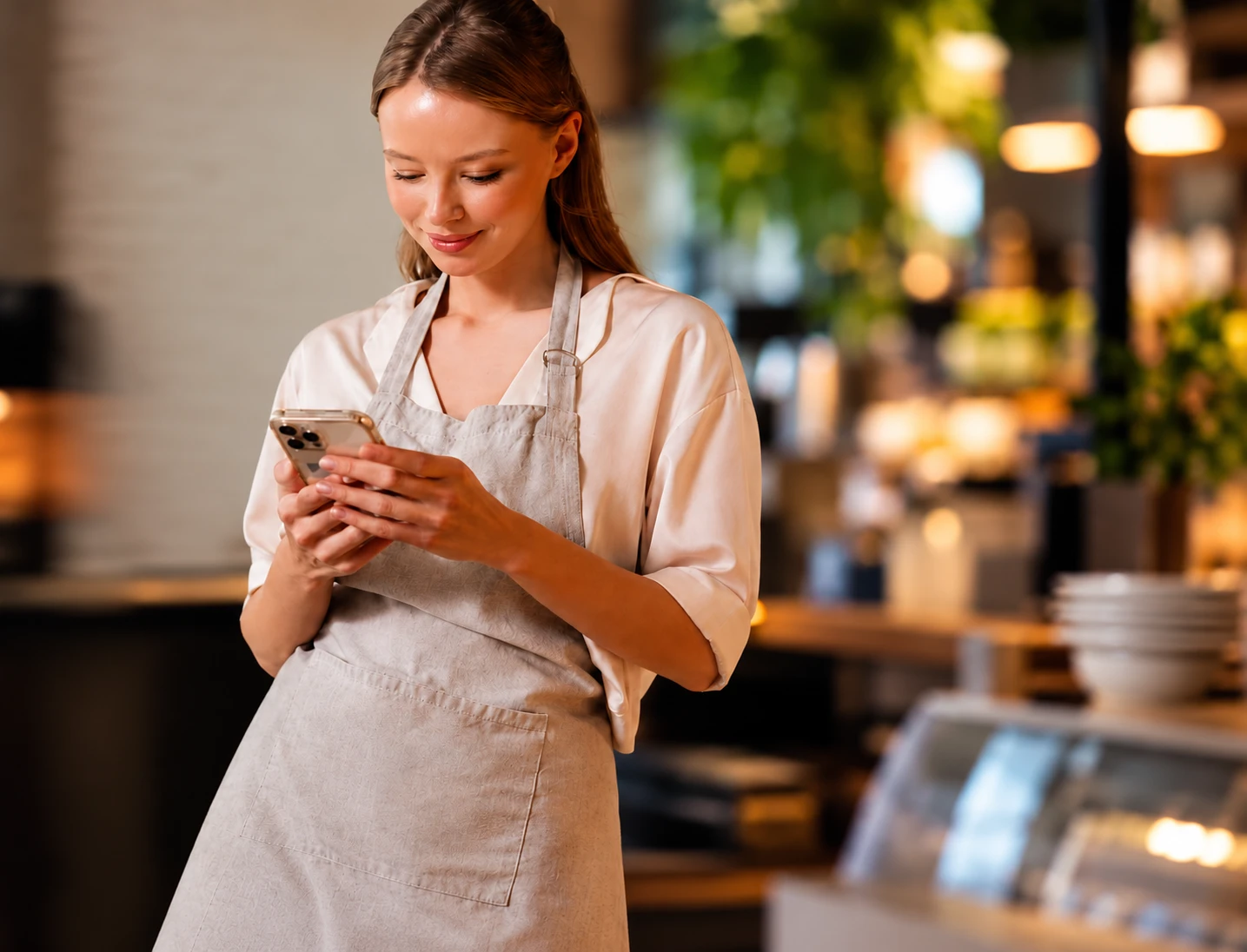 A takeaway owner in an apron smiling at her phone in her shop, with her day’s revenue, orders and average order beside her