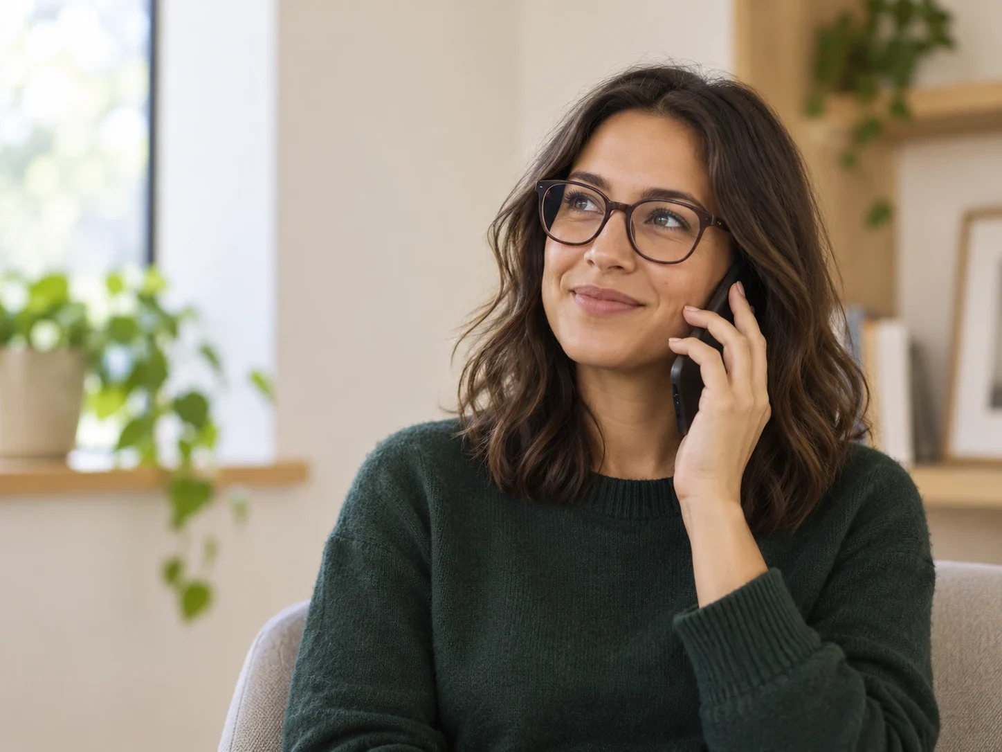 A smiling customer at home on the phone, placing a takeaway order