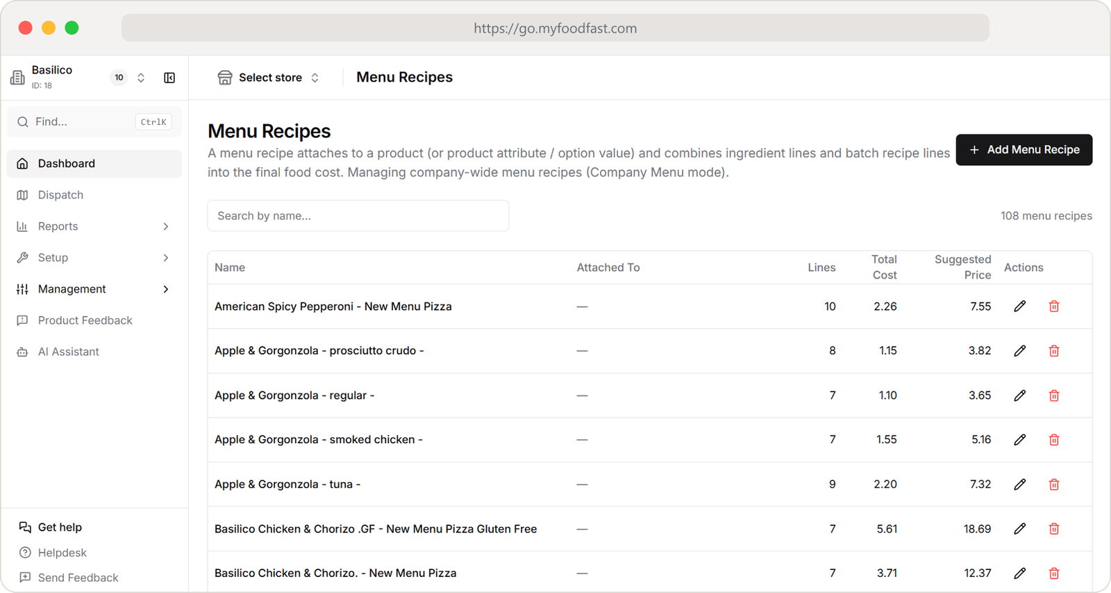 The MyFoodFast back office in a web browser on Menu Recipes for a ten-store group: each pizza with its number of ingredient lines, total food cost and suggested price