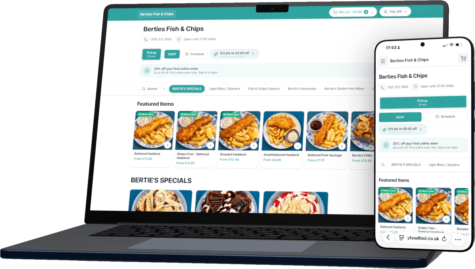 Berties Fish & Chips’ own ordering website on a laptop and a phone