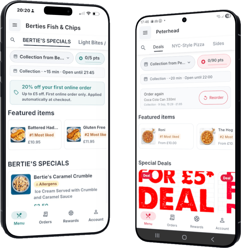 Two branded takeaway apps side by side, one on an iPhone and one on an Android phone