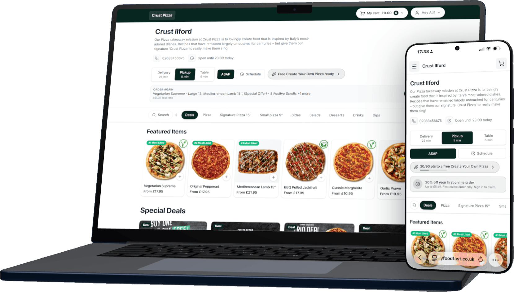 A takeaway ordering site on a laptop with the same site on a phone beside it