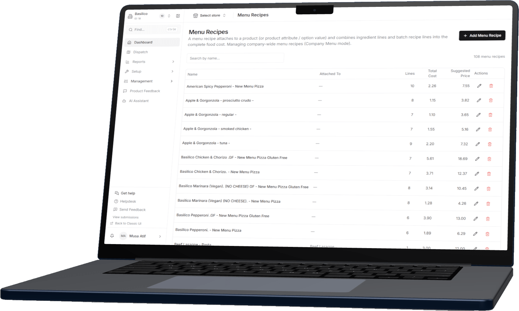 Menu recipes with their ingredient costs open on a laptop