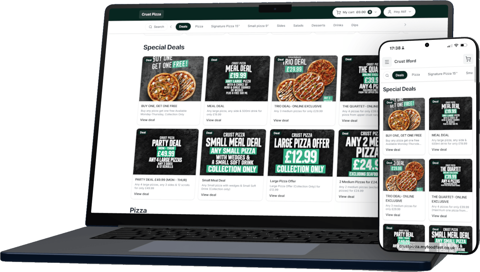 Crust Pizza’s own ordering website on a laptop and a phone, showing its deals