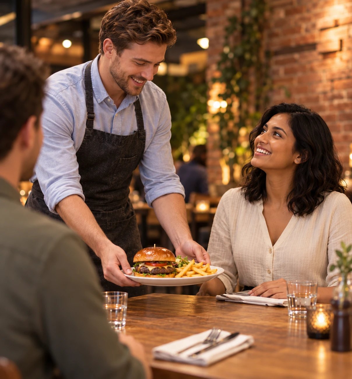 A server bringing a plate of food to two customers at their table