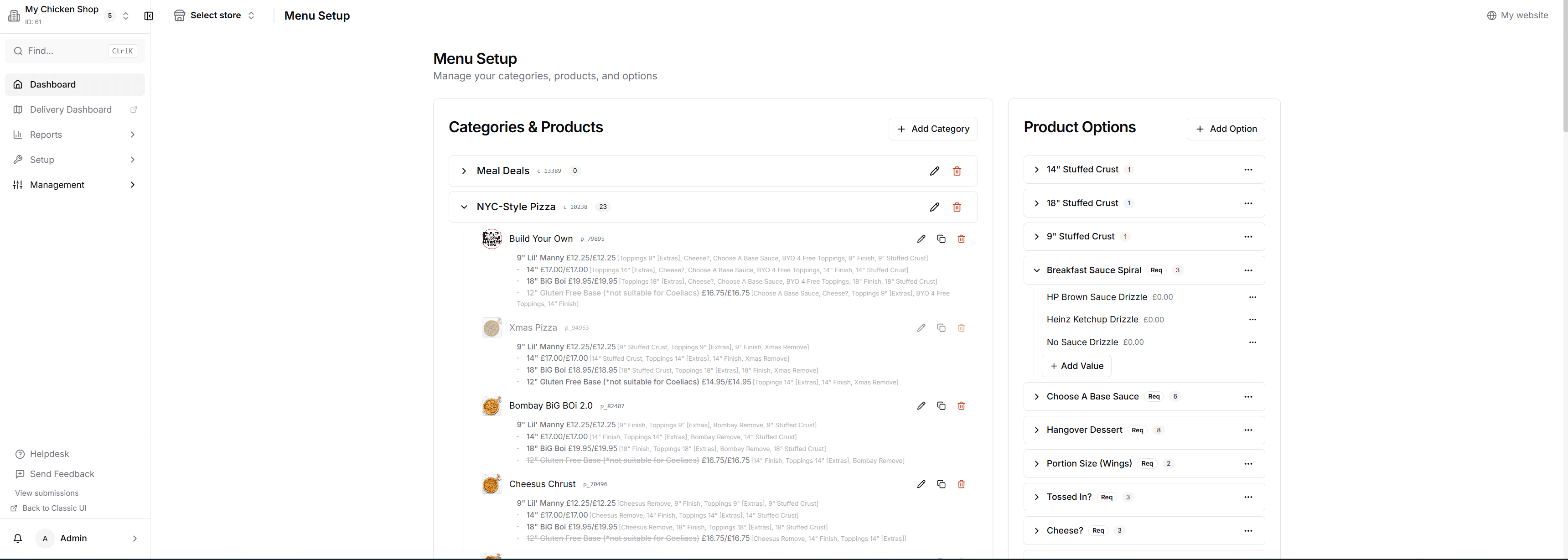 Back office menu setup with categories and products