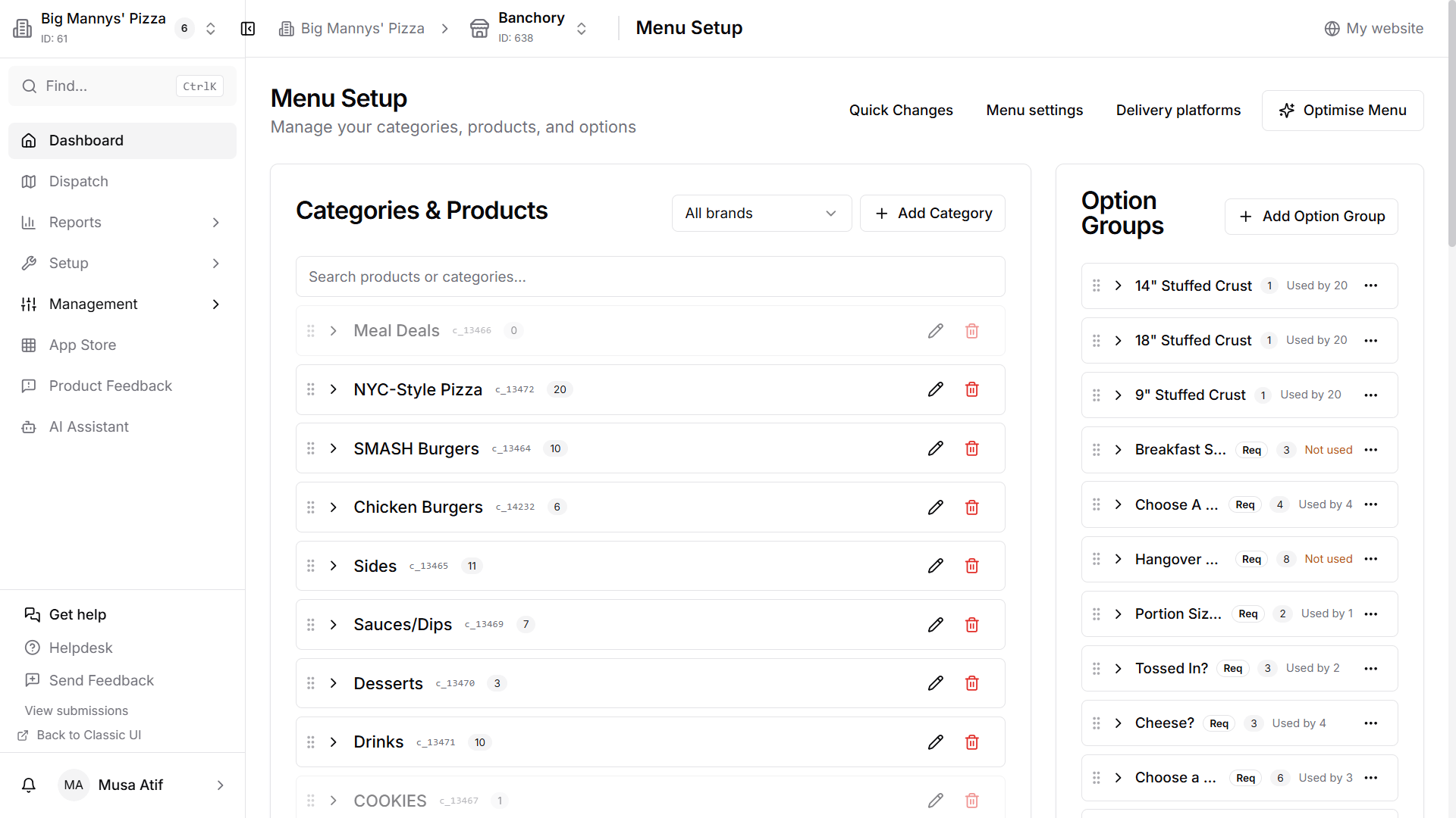 The MyFoodFast back office menu setup, with categories down the side and the products in the selected category