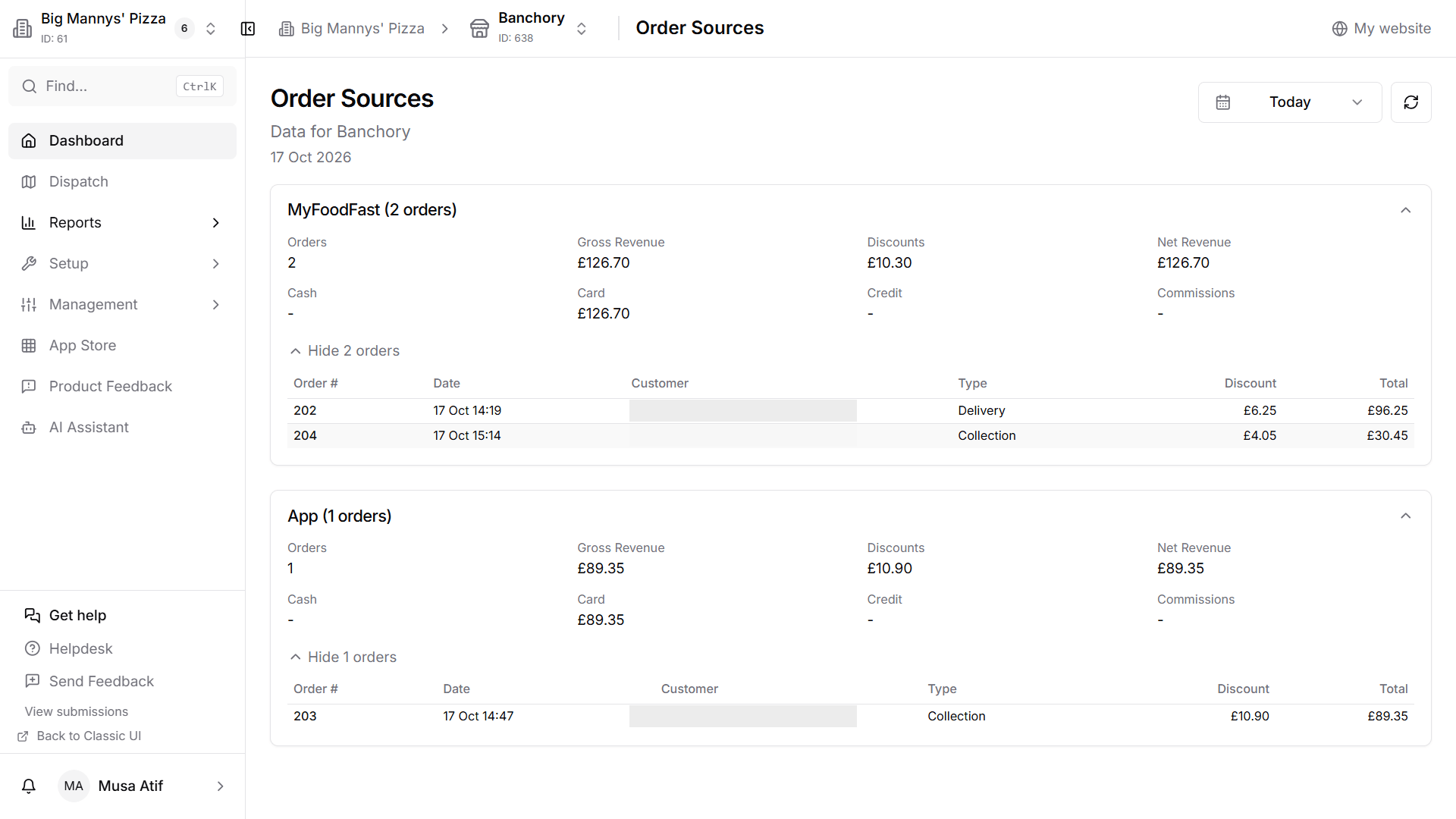 The Order Sources report in the MyFoodFast back office: the website and the app each with orders, gross revenue, discounts, net revenue, cash, card, credit and commissions, and their orders listed below with customer names blanked