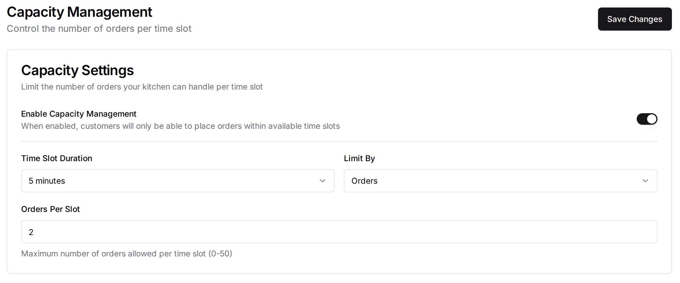 The Capacity Management screen in the MyFoodFast back office: a switch to enable it, the time slot length, whether to limit by orders or products, and the limit per slot