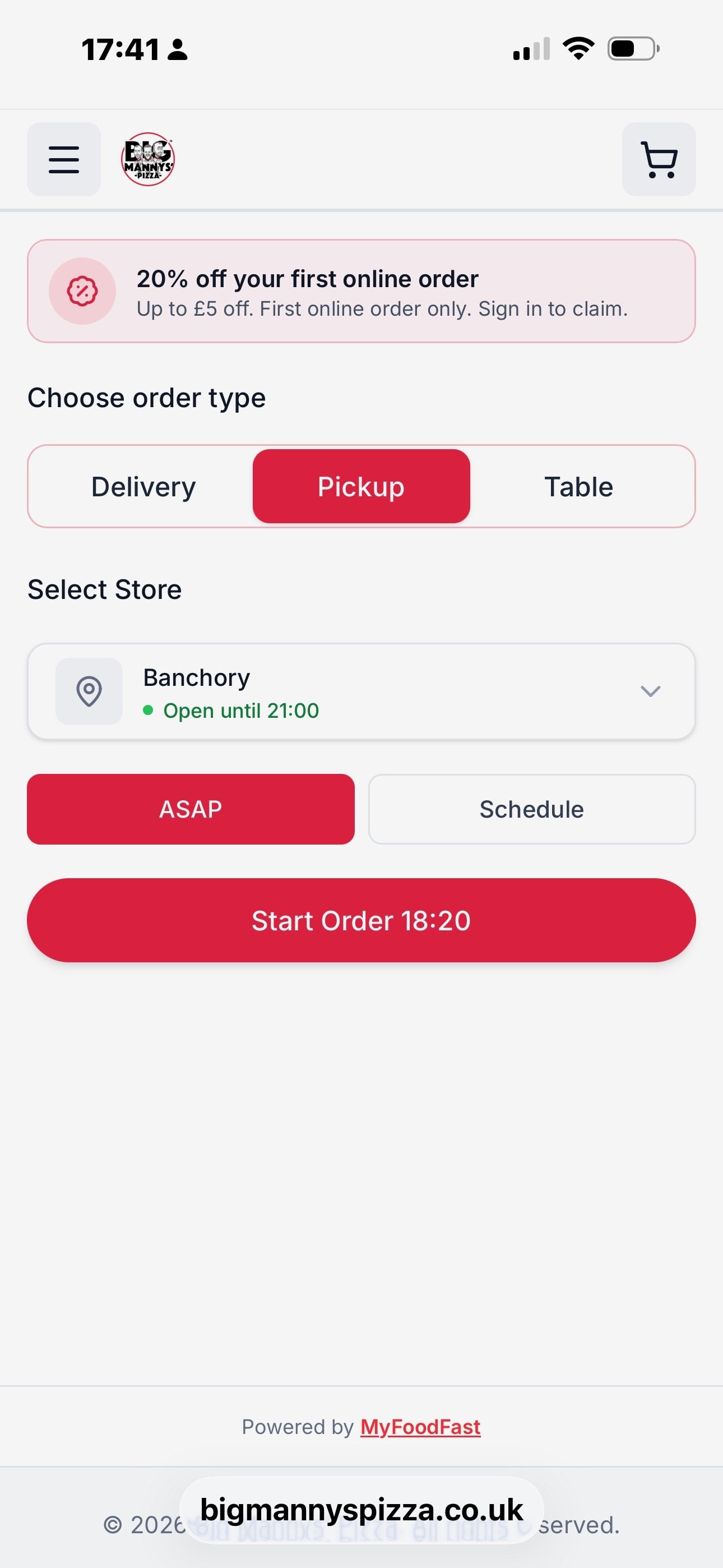 Big Manny’s Pizza ordering site on a phone at a quiet time, offering ASAP or a scheduled time