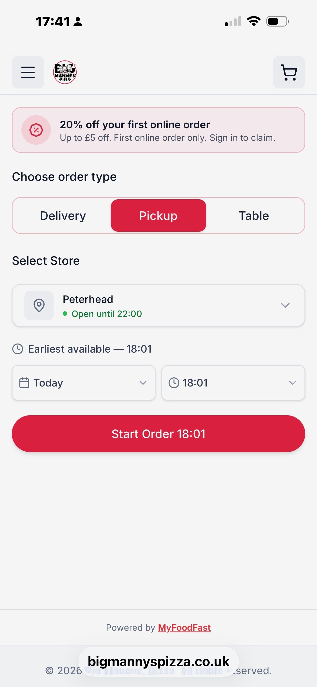 Big Manny’s Pizza ordering site on a phone at a busy time: the order time reads “Earliest available — 18:01”, already selected