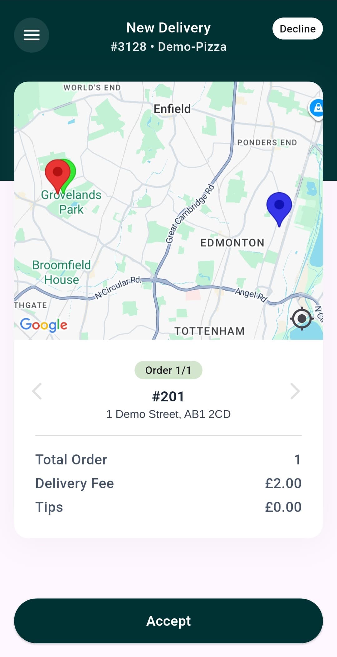 MyFoodFast driver app — incoming delivery with live map, order details and accept button