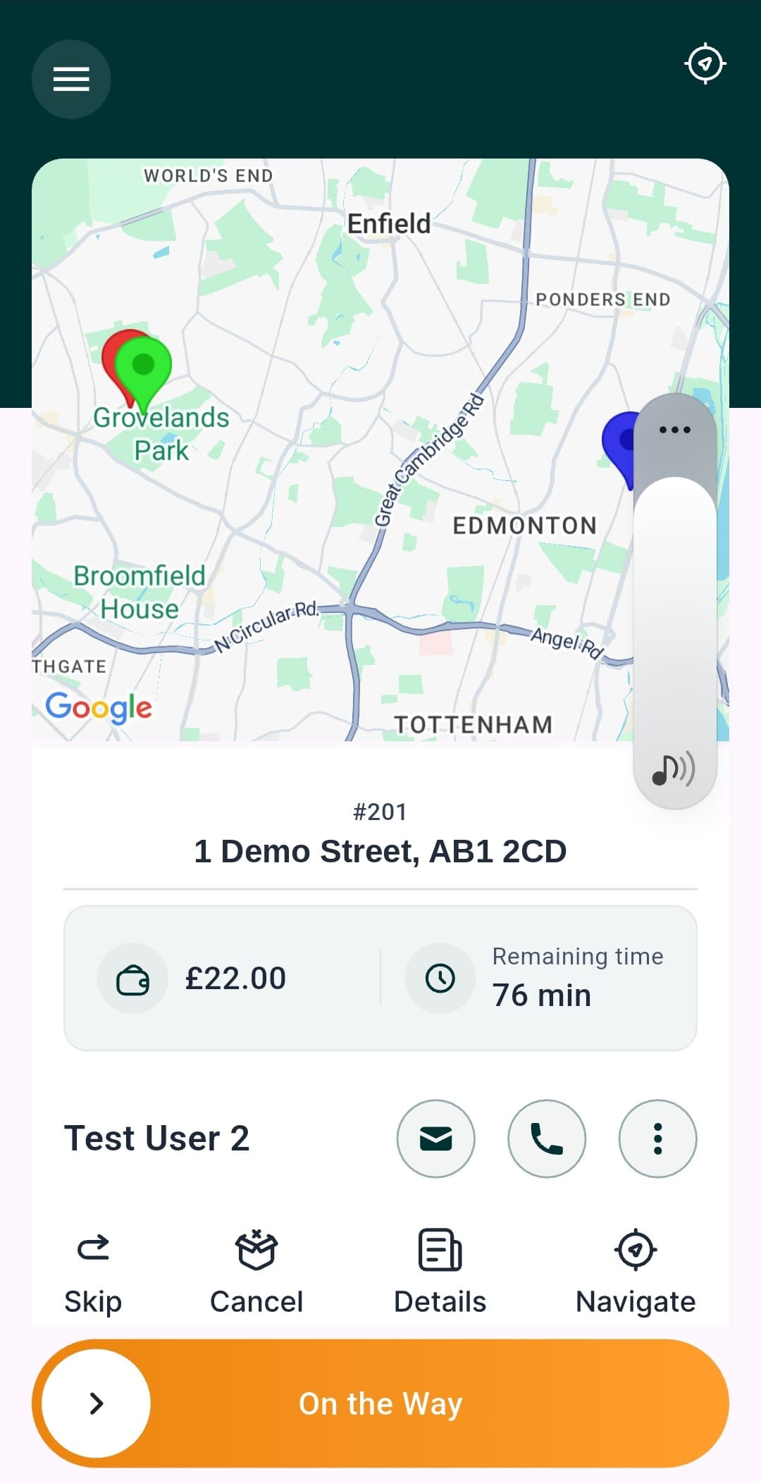 MyFoodFast driver app — active delivery with one-tap Navigate to the customer
