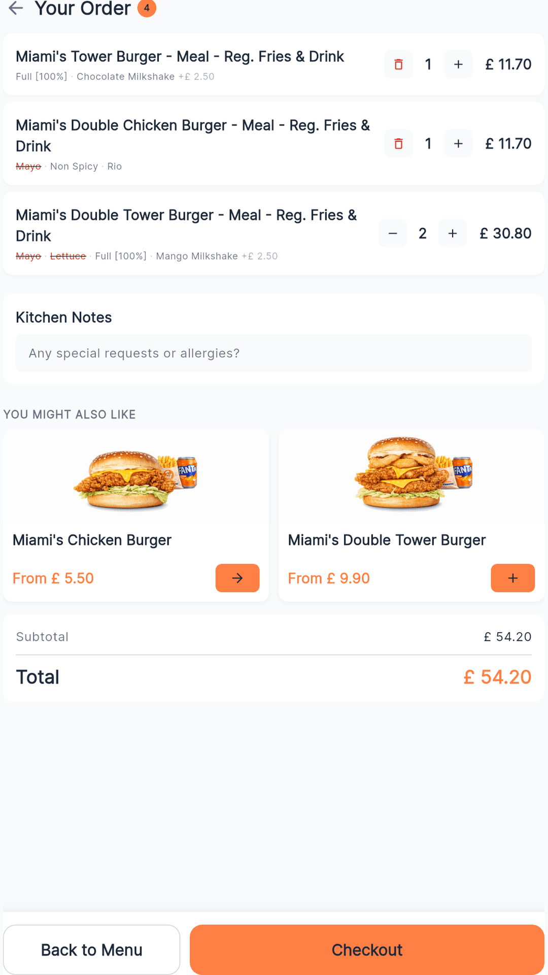 Cart with order review, kitchen notes, and total