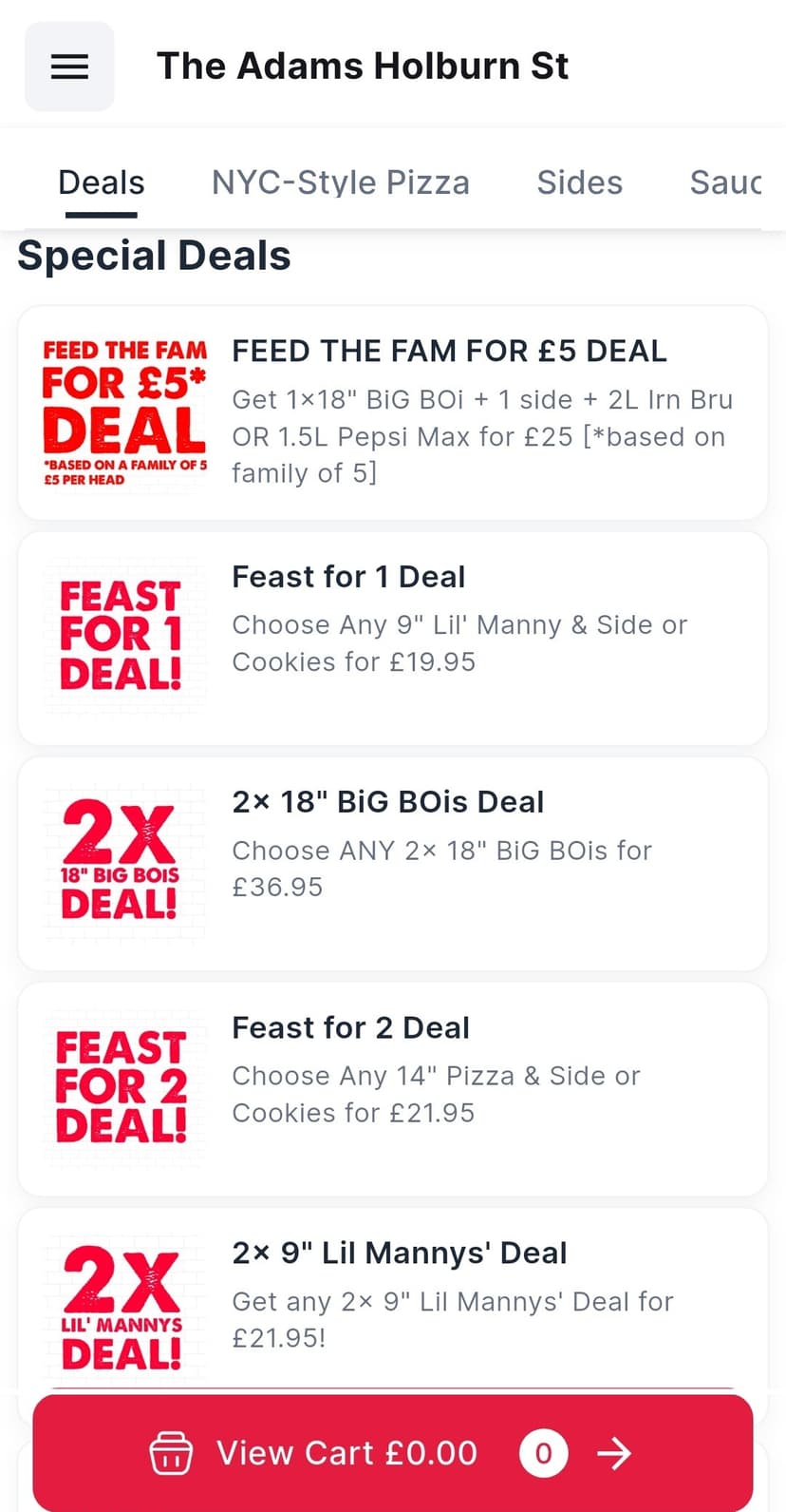 Mobile app showing deals menu