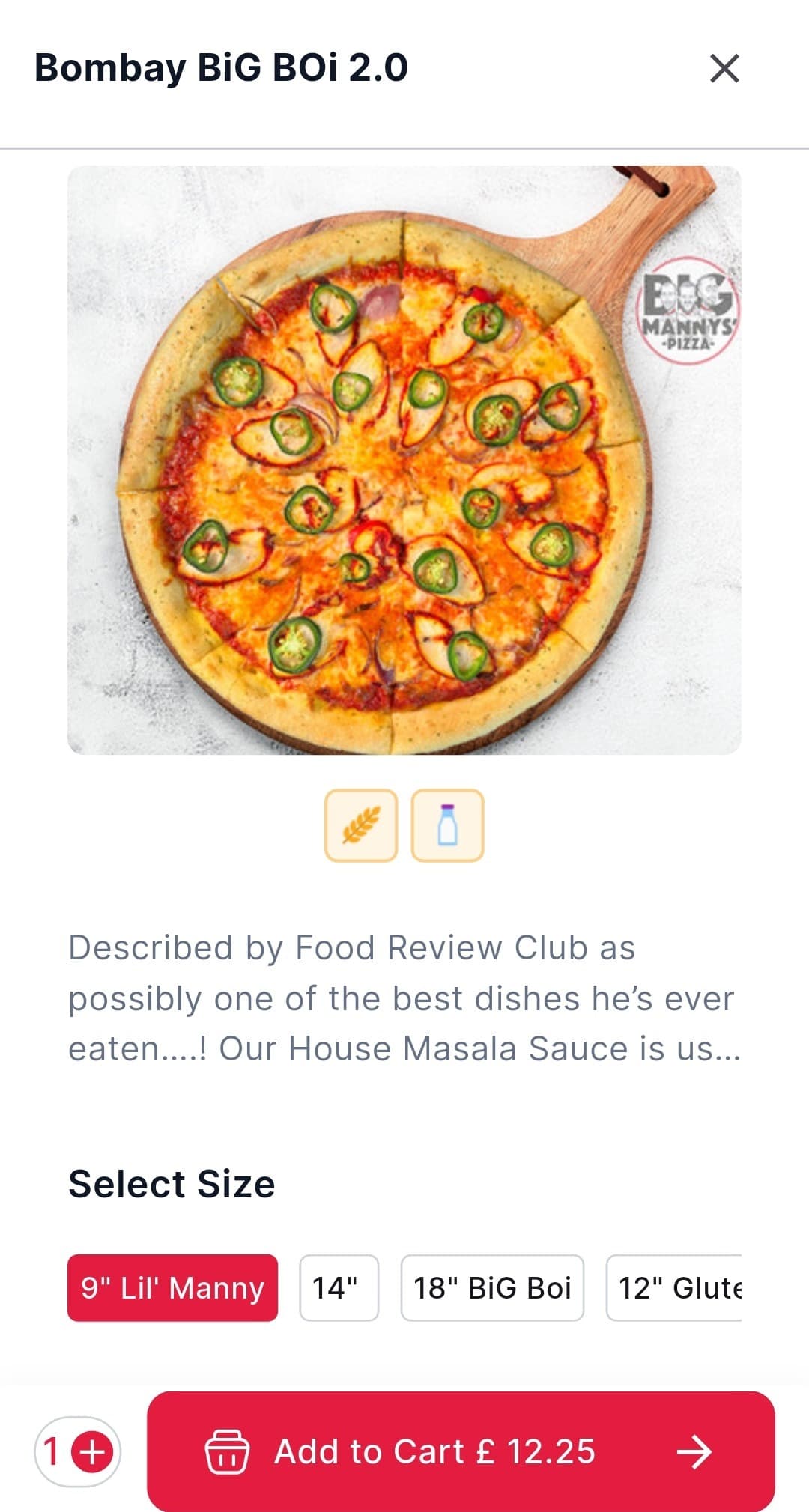 Big Mannys' Pizza app showing pizza product detail with size selector