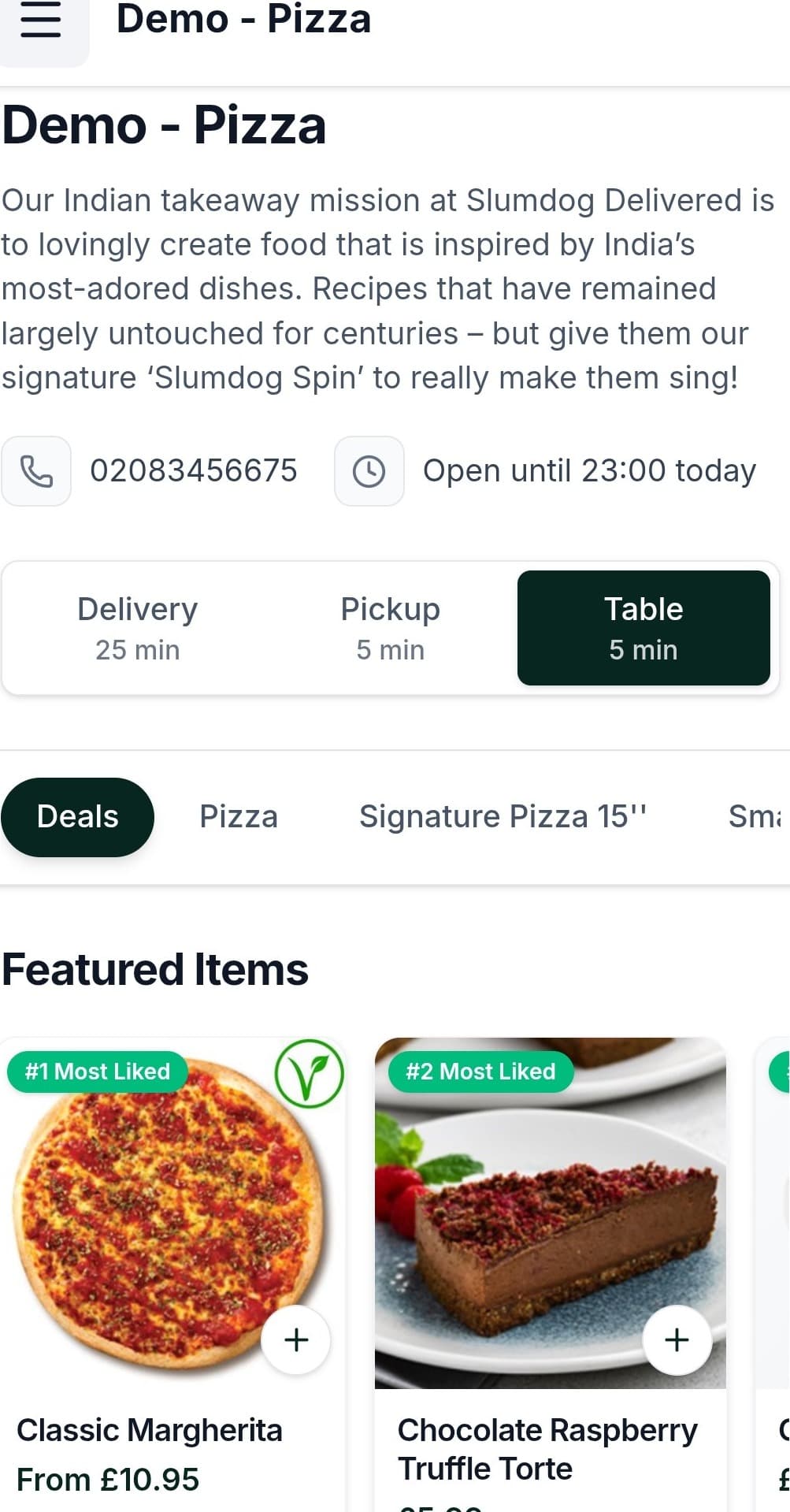 Mobile menu with featured items and deals