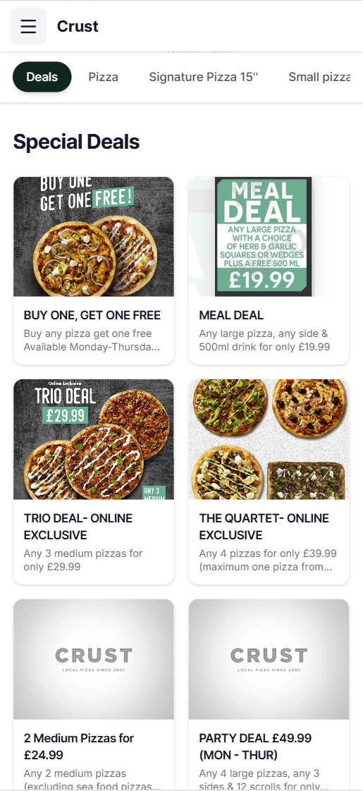 Mobile menu showing pizza deals — Buy One Get One Free, Meal Deal, Trio Deal, Quartet